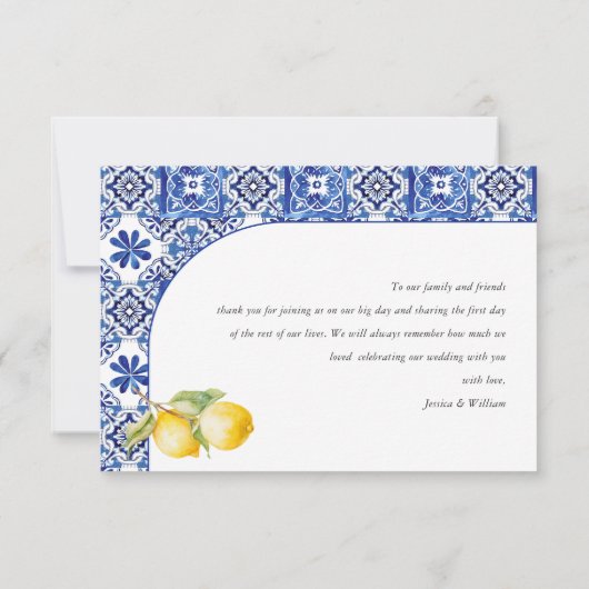 Mediterraanse citroenen Blauwe Tegels Bruiloft Bedankkaart (Achterkant)