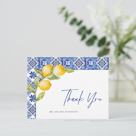 Mediterraanse citroenen Blauwe Tegels Bruiloft Dan Briefkaart (Staand voorkant)