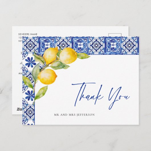 Mediterraanse citroenen Blauwe Tegels Bruiloft Dan Briefkaart (Voorkant / Achterkant)