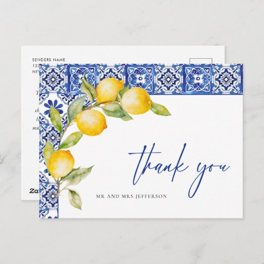 Mediterraanse citroenen Blauwe Tegels Bruiloft Dan Briefkaart (Voorkant / Achterkant)
