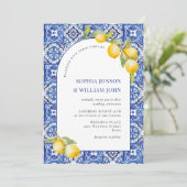 Mediterraanse citroenen Blauwe Tegels Bruiloft Kaart (Staand voorkant)