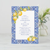 Mediterraanse citroenen Blauwe Tegels Bruiloft Kaart (Staand voorkant)