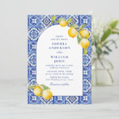Mediterraanse citroenen Blauwe Tegels Bruiloft Kaart (Staand voorkant)