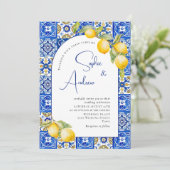 Mediterraanse citroenen Blauwe Tegels Bruiloft Kaart (Staand voorkant)