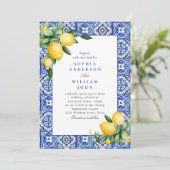 Mediterraanse citroenen Blauwe Tegels Bruiloft Kaart (Staand voorkant)