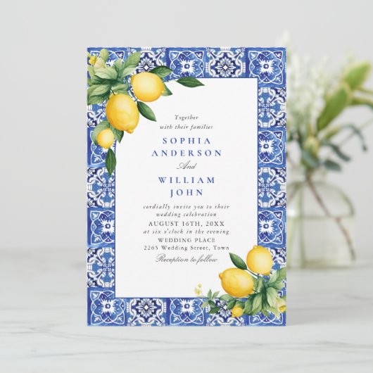Mediterraanse citroenen Blauwe Tegels Bruiloft Kaart (Staand voorkant)