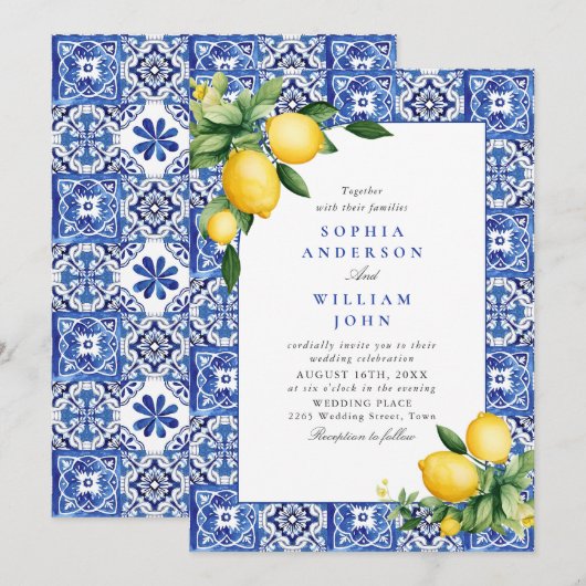 Mediterraanse citroenen Blauwe Tegels Bruiloft Kaart (Voorkant / Achterkant)