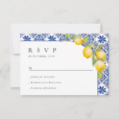 Mediterraanse citroenen Blauwe Tegels Bruiloft RSVP Kaartje (Voorkant)