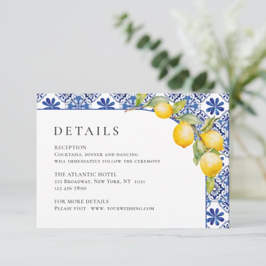 Mediterraanse citroenen blauwe tegels trouwdetails informatiekaartje (Staand voorkant)