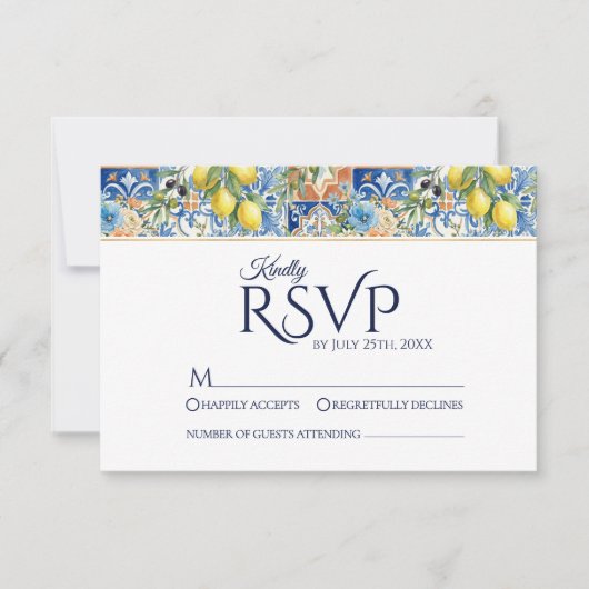 Mediterraanse citroentegel blauwe trouw RSVP-kaart RSVP Kaartje (Voorkant)