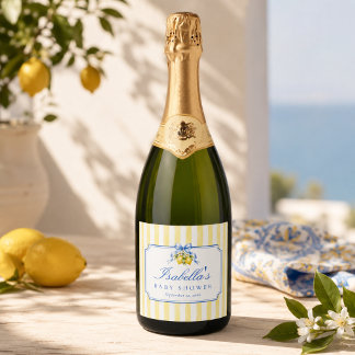 Mediterraanse Citrus Gele Neutrale Baby Shower Sparkling Wijnetiket