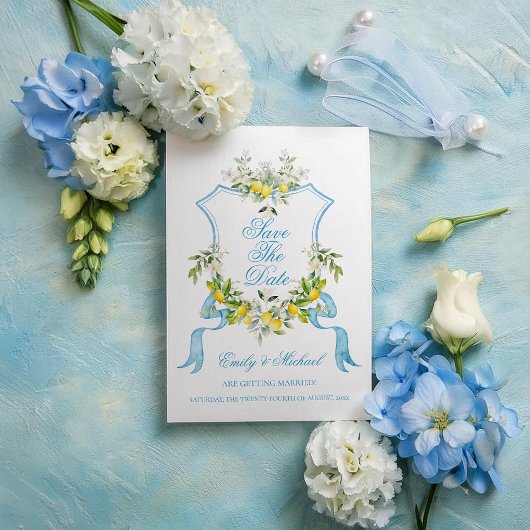 Mediterraanse Foto/Crest Trouwkaart Save the Date Kaart