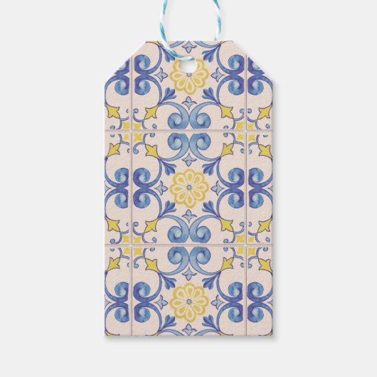 Mediterraanse gele witte blauwe tegels cadeaulabel (Voorkant)