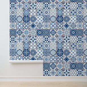 Mediterraanse Indigo Blauwe Azulejo Mozaïek Tegels Behang