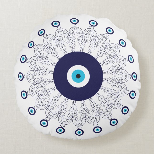 Mediterraanse marine Aqua Blue Lucky Eye Mandala Rond Kussen (Voorkant)