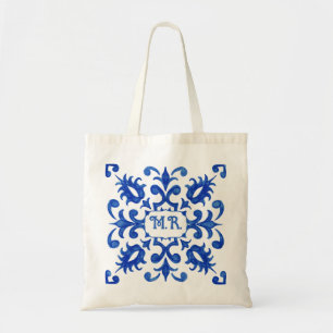 Mediterraanse Portugese Blauwe Tegel Monogram Tote Bag