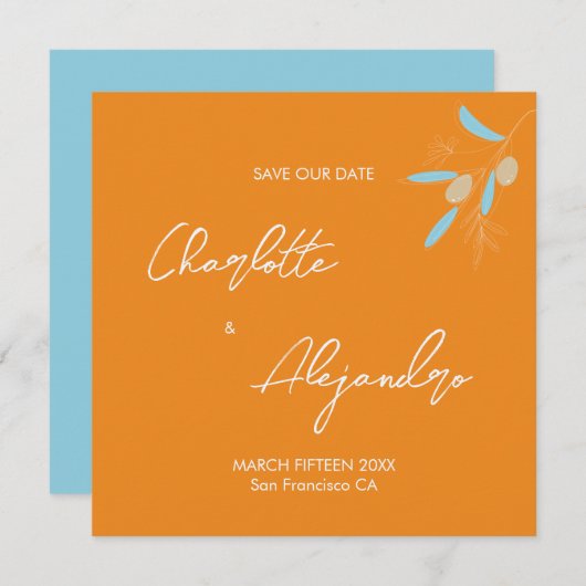 Mediterraanse Vibes Bruiloft Save the Date Sinaasa (Voorkant / Achterkant)