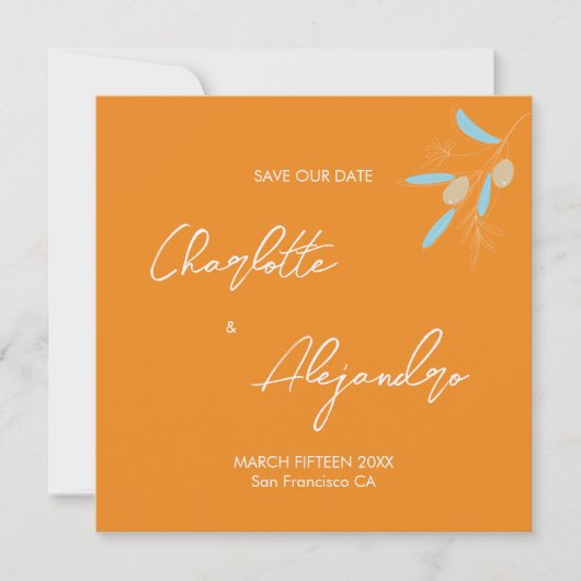 Mediterraanse Vibes Bruiloft Save the Date Sinaasa (Voorkant)