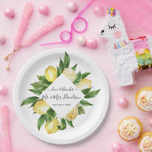 Mediterraanse Waterverf Citroen Tropische Bruiloft Papieren Bordje (Feest)