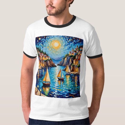 Mediterraanse Zeilboten Mozaïek Tshirt Design (Voorkant)