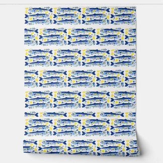 Mediterraanse zomer blauwe en gele sardines behang