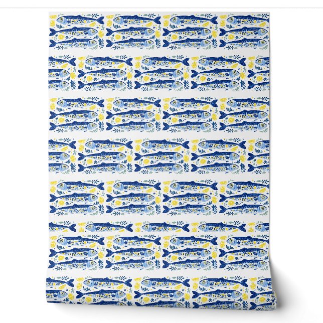 Mediterraanse zomer blauwe en gele sardines behang (Afrollen)