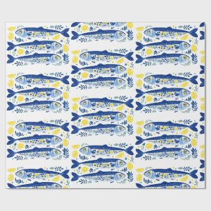 Mediterraanse zomer blauwe en gele sardines cadeaupapier
