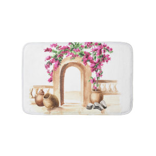 Mediterrane architectuur, bloemen, waterverf, h badmat