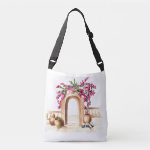 Mediterrane architectuur, bloemen, waterverf, h crossbody tas