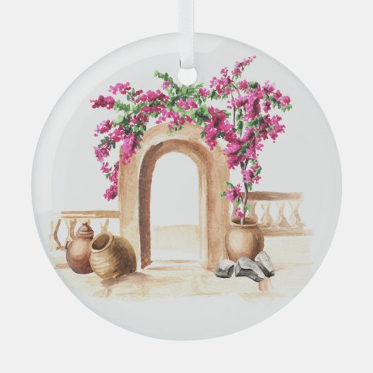 Mediterrane architectuur, bloemen, waterverf, h glas ornament (Voorkant)