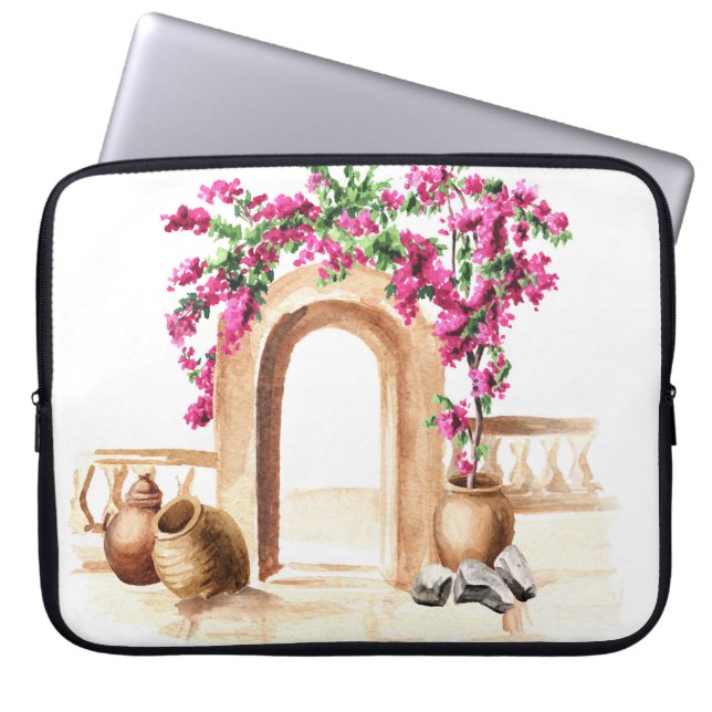 Mediterrane architectuur, bloemen, waterverf, h laptop sleeve (Voorkant)