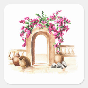 Mediterrane architectuur, bloemen, waterverf, h vierkante sticker