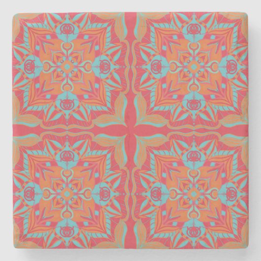 Mediterrane Azulejo Coral Floral Stenen Onderzetter (Voorkant)