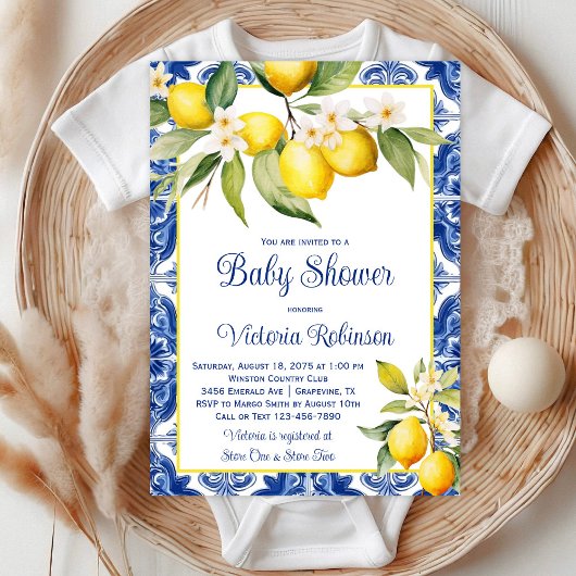 Mediterrane Azulejo Tegel Lemon Baby shower Kaart