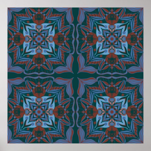 Mediterrane Azulejo Turquoise Bloem Poster (Voorkant)