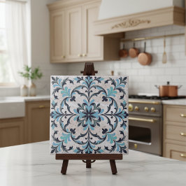 Mediterrane Blauw Turquoise Antieke Damast Bloemmo Tegeltje