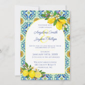 Mediterrane Blauwe en Gele Tegel Citroen Bruiloft Kaart (Voorkant)