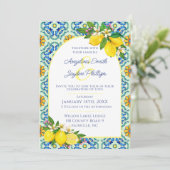 Mediterrane Blauwe en Gele Tegel Citroen Bruiloft Kaart (Staand voorkant)