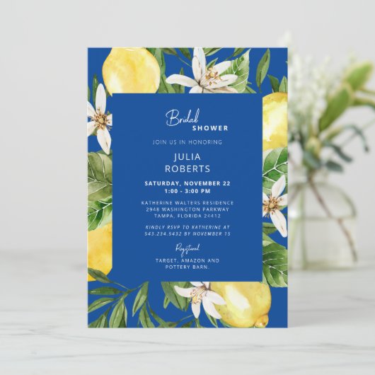 Mediterrane blauwe en gele Vrijgezellenfeest Invit Kaart (Staand voorkant)