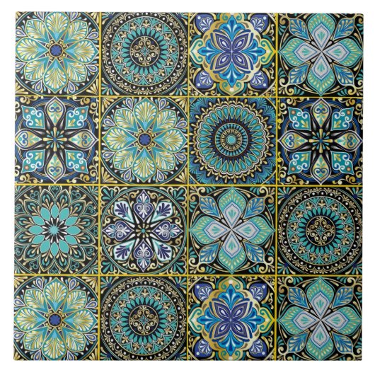 Mediterrane blauwe en groene gele accenten tegeltje (Voorkant)