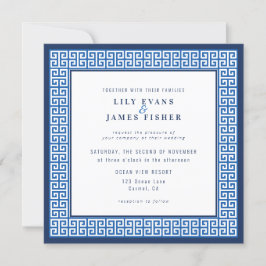 Mediterrane Blauwe Griekse Sleutelbruiloft Uitnodi Kaart