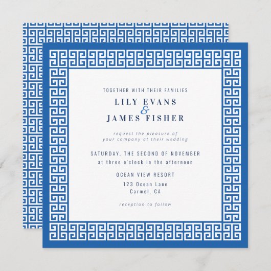 Mediterrane Blauwe Griekse Sleutelbruiloft Uitnodi Kaart (Voorkant / Achterkant)