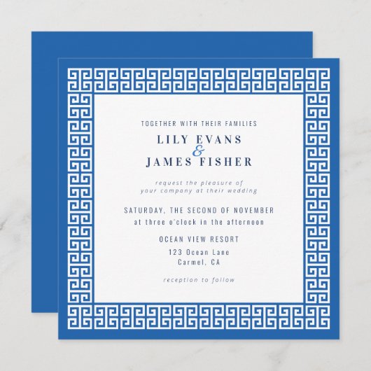 Mediterrane Blauwe Griekse Sleutelbruiloft Uitnodi Kaart (Voorkant / Achterkant)