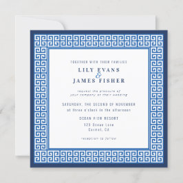 Mediterrane Blauwe Griekse Sleutelbruiloft Uitnodi Kaart