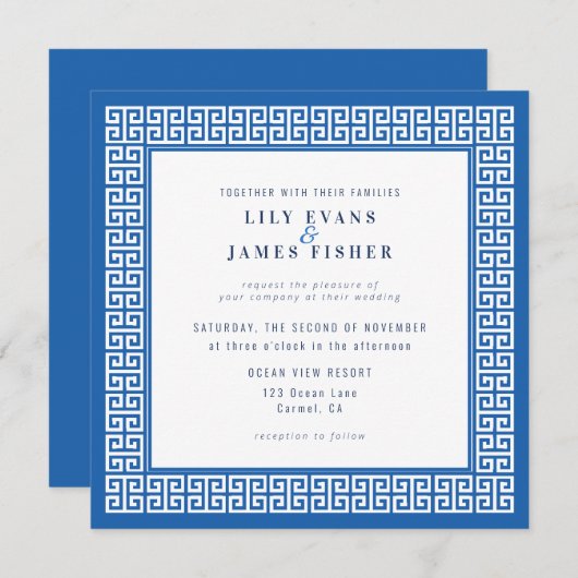 Mediterrane Blauwe Griekse Sleutelbruiloft Uitnodi Kaart (Voorkant / Achterkant)