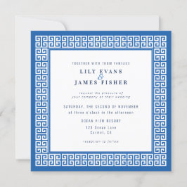 Mediterrane Blauwe Griekse Sleutelbruiloft Uitnodi Kaart