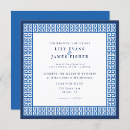 Mediterrane Blauwe Griekse Sleutelbruiloft Uitnodi Kaart