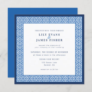 Mediterrane Blauwe Griekse Sleutelbruiloft Uitnodi Kaart