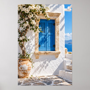 Mediterrane blauwe luiken en witte Bougainville Poster