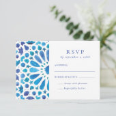 Mediterrane blauwe Tegel bruiloft RSVP Kaartje (Staand voorkant)